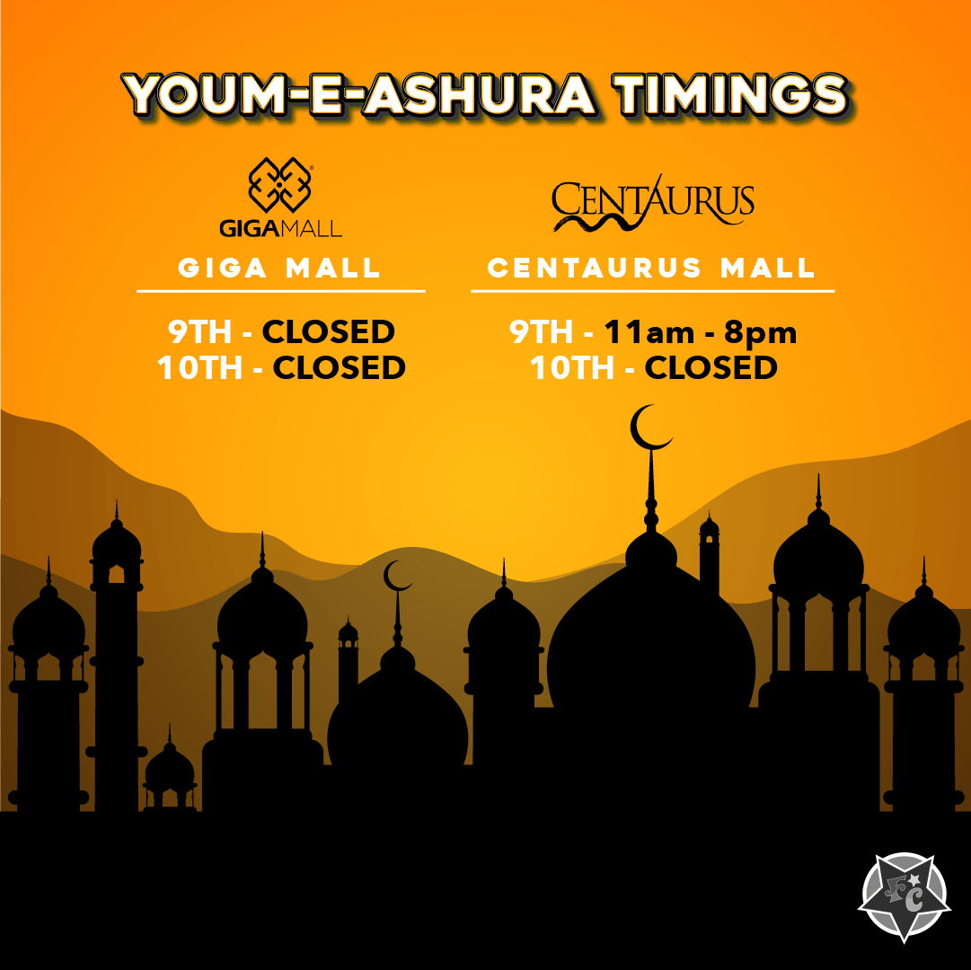 FunCityPK's tweet photo. In respect of Youm-e-Ashura, Fun City Giga Mall outlet will be closed for 9th and 10th Muharram i.e. 18th and 19th of August, 2021.

#moharram #muharram #Funcitypk #Adventureunlocks #Funcitizens #amusementpark #islamabad #rawalpindi #centaurusmall #gigamall https://t.co/DHbGXm1rNI