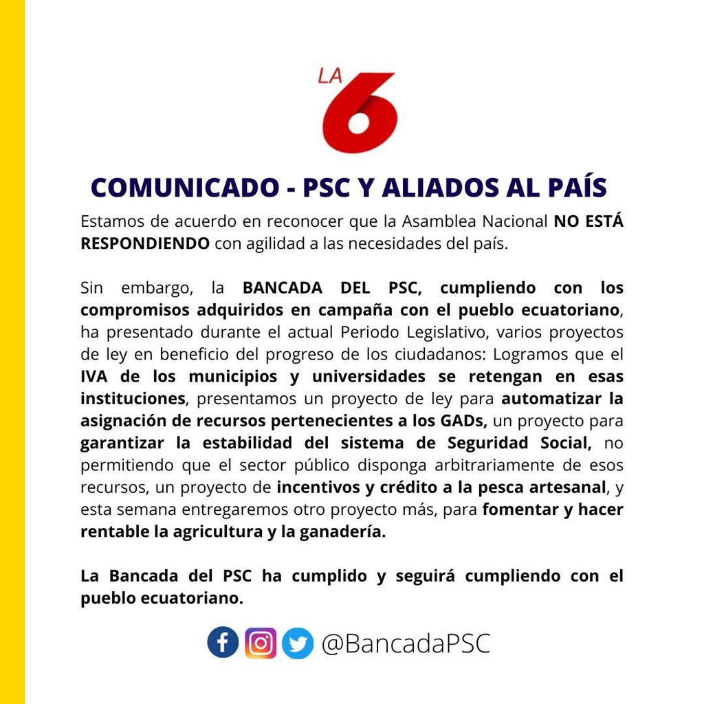 COMUNICADO | La Bancada de #La6 en respuesta de las necesidades institucionales del país y los compromisos adquiridos en campaña con la ciudadanía!! 
<a href="/MarjorieAsambl1/">Marjorie Asambleísta</a> <a href="/Lulaalarconc/">Lula  Alarcon Campuz</a> <a href="/HenryKronfle/">Henry Kronfle K.</a> <a href="/NathalieViteri/">Nathalie Viteri</a> <a href="/dallyanapass/">Dallyana Passailaigue</a> @BancadaPSC