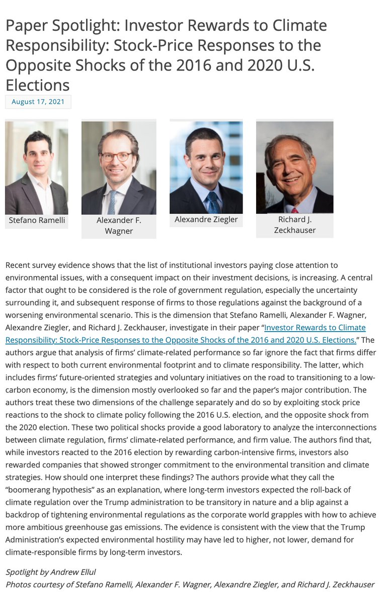 Review of Corporate Finance Studies (@revofcorpfin) on Twitter photo #PaperSpotlight: Investor Rewards to #climate Responsibility: Stock-Price Responses to the Opposite Shocks of the 2016 and 2020 U.S. #Elections by @StefanoRamelli, <a href="/AlexFWagner/">Alexander Wagner</a>, Richard J Zeckhauser <a href="/Kennedy_School/">Harvard Kennedy School</a>, and Alexandre Ziegler <a href="/UZH_en/">University of Zurich</a>
academic.oup.com/rcfs/advance-a… #PaperSpotlight: Investor Rewards to #climate Responsibility: Stock-Price Responses to the Opposite Shocks of the 2016 and 2020 U.S. #Elections by @StefanoRamelli, <a href="/AlexFWagner/">Alexander Wagner</a>, Richard J Zeckhauser <a href="/Kennedy_School/">Harvard Kennedy School</a>, and Alexandre Ziegler <a href="/UZH_en/">University of Zurich</a>
academic.oup.com/rcfs/advance-a…