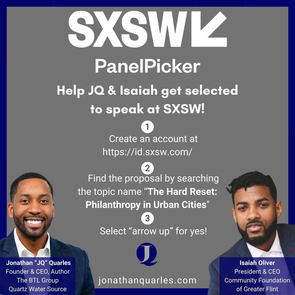 It’s SXSW season once again and I NEED YOUR HELP!
Vote for mine and Isaiah Oliver’s proposal: “The Hard Reset: Philanthropy in Urban Cities.” Steps below.
 
#makingdollarswhilemakingchange #philanthropy #thehardreset #emergingphilanthropy #entrepreneur #sxsw #sxsw2022