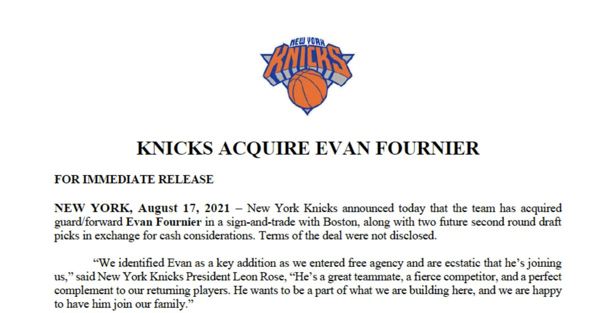 TommyBeer's tweet photo. interesting - Knicks announce they acquired Fournier via a sign-and-trade with Boston, with New York picking up two future second-round picks as part of the deal https://t.co/QfVyFErsZe