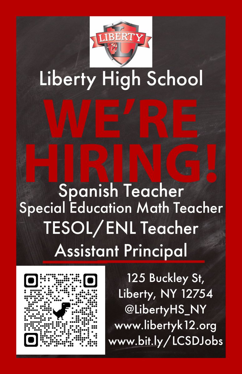 LibertyHS_NY's tweet image. Are you an dynamic educator who wants to join a quality school environment? LHS is looking for you! 
We are hiring for:
- Spanish Teacher 
- Special Education Math Teacher 
- TESOL Teacher 
- Assistant Principal

Scan here to apply if you're an amazing educator! #LibertyPrideNY