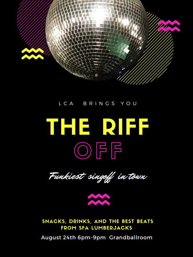 SFA LCA invites all students to a night of music, laughter and new experiences. This fun event
will showcase students from various SFA organizations as
they participate in a singing battle based on the movie "Pitch
Perfect." #jacksgetinvolved #jacksareback #sfaweeksofwelcome
