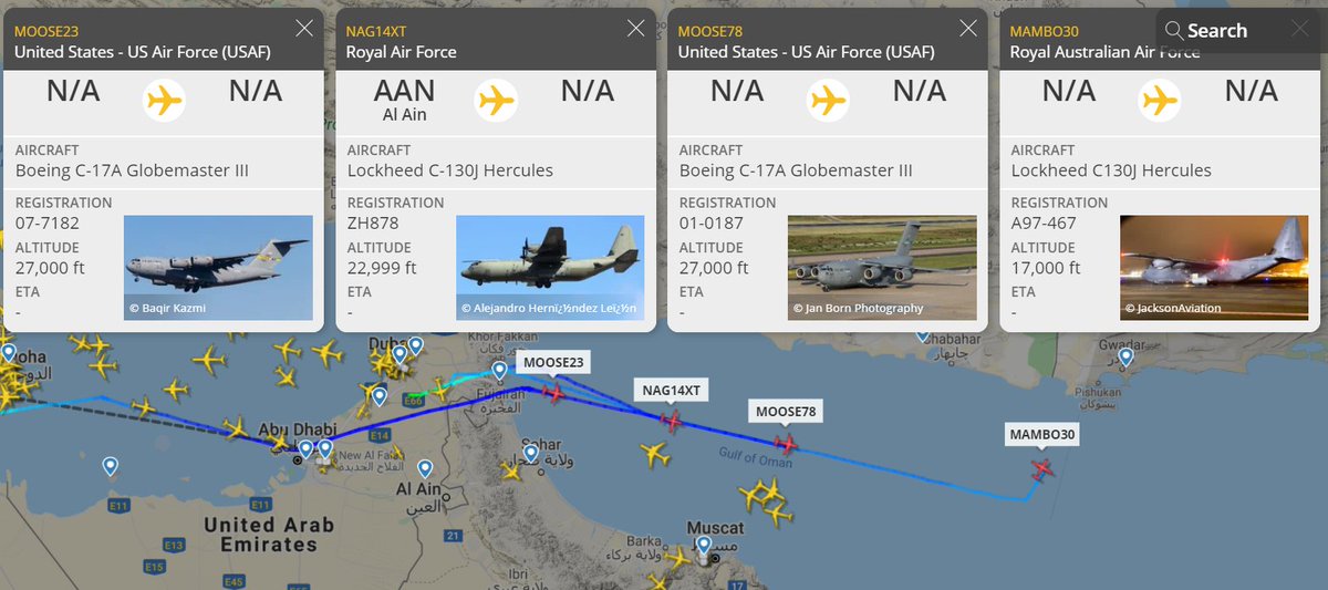 OS_Intel's tweet image. Line of new sorties headed to #Kabul:
MOOSE78, 01-0187, USAF C-17A
MOOSE23, 07-7182, USAF C-17A
NAG14XT, ZH878, RAF C-130J
MAMBO30, A97-467, RAAF C-130J
#Afghanistan