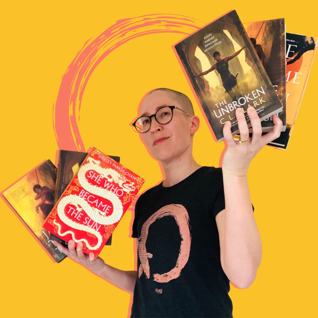 Shelley holding a Sapphecta in each hand (The Jasmine Throne, the Unbroken, and She Who Became the Sun), against a saffron background. One hand has the Illumicrate hardback special editions