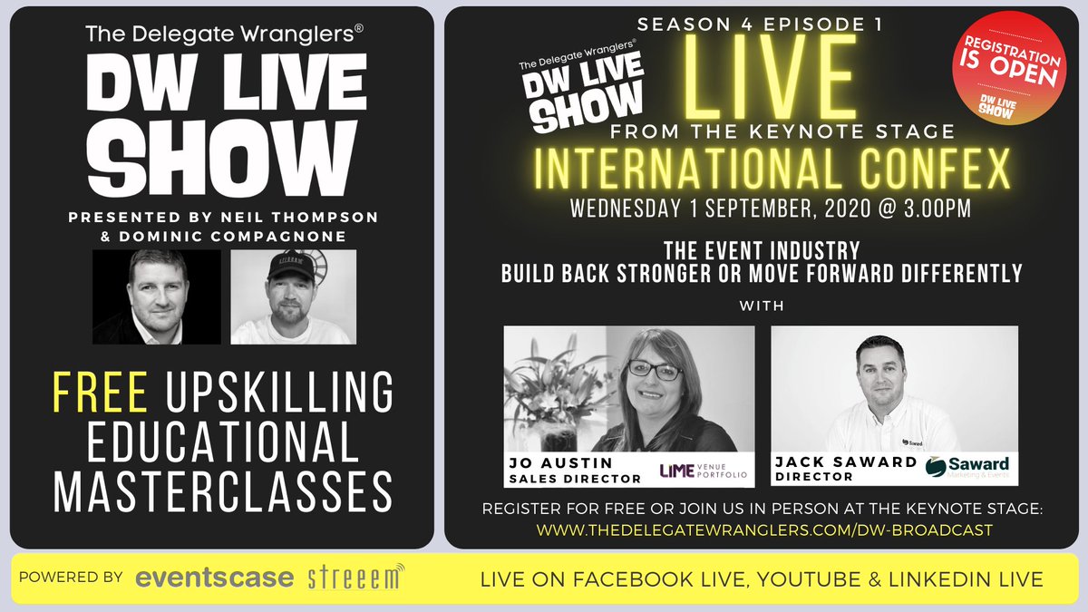 Del_Wranglers's tweet photo. We're back!!
DW Live Show - Live from @IntlConfex
The Event Industry. Build Back Stronger or Move Forward Differently?
with Neil, Dominic Compagnone (@streeemit), Jo Austin (@AHintOfLimeVP) & Jack Saward (@sawardmarketing)
Wed 1 Sept @ 3pm
Register here: https://t.co/99bqGdsSjk https://t.co/5WAlGlVixF