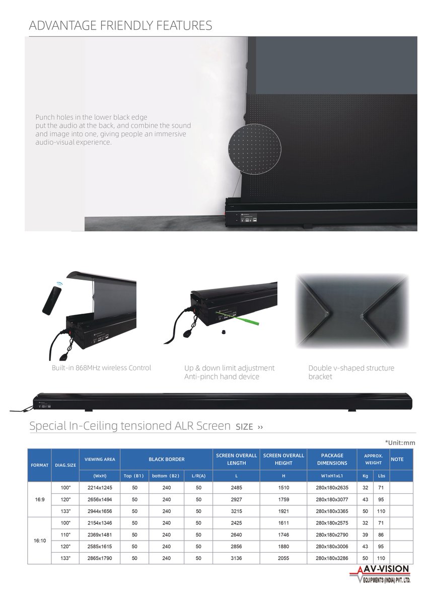 AVVisionIndia's tweet photo. Dear Partner,Launching a NEW Range of ‘LIBERTY SCREEN PRO’ALR(Ambient Light Rejection)Floor Rising Tab Tensioned Screens Range ‘TD Series’, for Long Focus/Standard Projectors.Available in Screen Format/Sizes of 16:9 Format - up to 133” Screen Size &amp; in 16:10 Format-up to 133”Scre https://t.co/dJru5k5Tyg