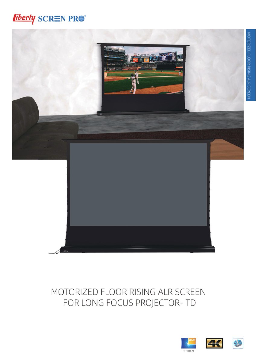 AVVisionIndia's tweet photo. Dear Partner,Launching a NEW Range of ‘LIBERTY SCREEN PRO’ALR(Ambient Light Rejection)Floor Rising Tab Tensioned Screens Range ‘TD Series’, for Long Focus/Standard Projectors.Available in Screen Format/Sizes of 16:9 Format - up to 133” Screen Size &amp; in 16:10 Format-up to 133”Scre https://t.co/dJru5k5Tyg