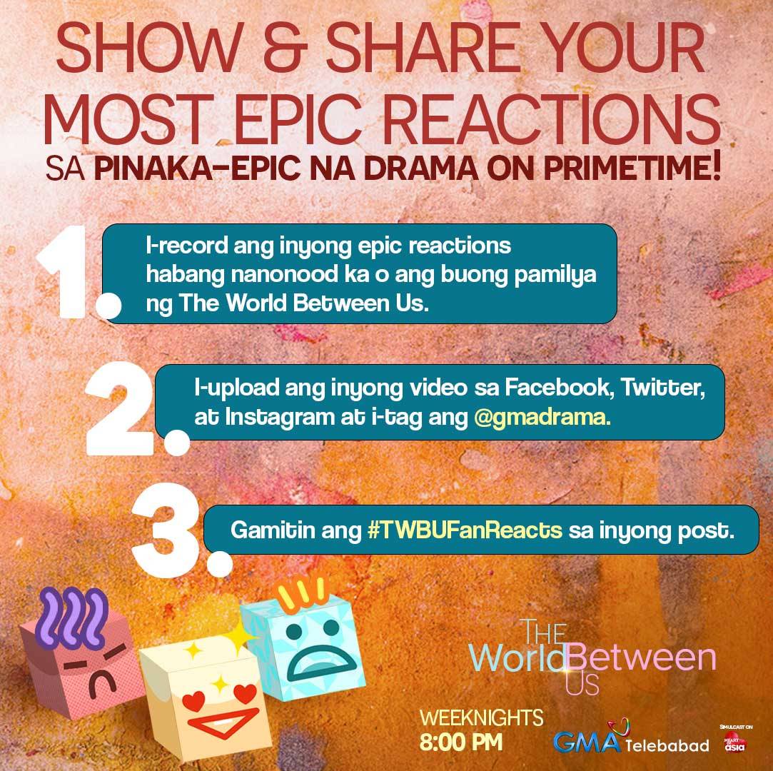 GMADrama's tweet photo. Share your reaction videos while watching #TheWorldBetween us and don't forget to tag us! Gamitin ang #TWBUFanReacts!
'Wag kalimutang gawing public ang inyong mga account, mga Kapuso! Excited kaming makita reactions n'yo!π€ https://t.co/NaEpo6AVWL