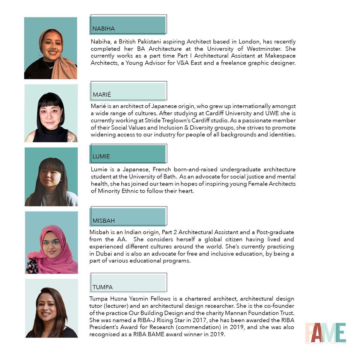 collective_fame's tweet photo. Meet the FAME collective's research event team. Join us & be part of the change!
Tell us about your experiences of the barriers in studying architecture, share the link to our survey with FAME students and graduates to share their stories: https://t.co/2gGL6y4DjB #FAMEcollective https://t.co/0aTOLgjMi8