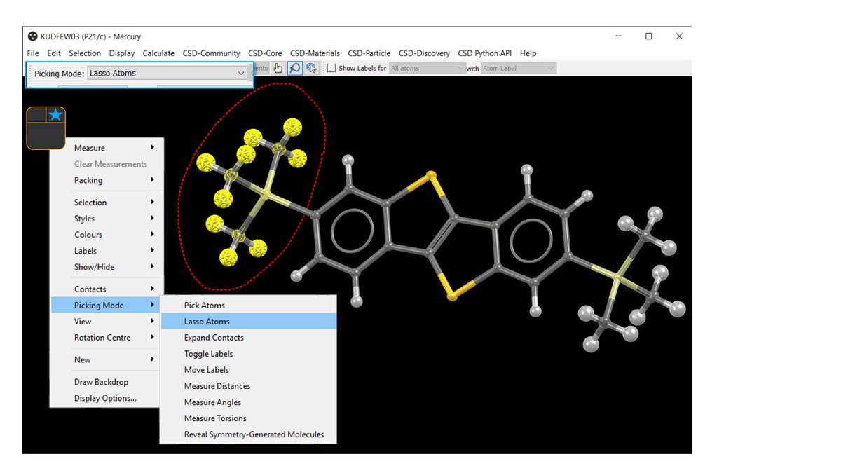 ccdc_cambridge's tweet photo. Still picking out individual atoms in Mercury to choose a whole functional group? Try the lasso picking mode! Right click>Picking Mode>Lasso Atoms>draw a ring around the desired group.
#CSDTopTipTuesday on CSD entry KUDFEW03 #chemtwitter #crystallography https://t.co/T48o5VJU4K https://t.co/otuKc8GW1s