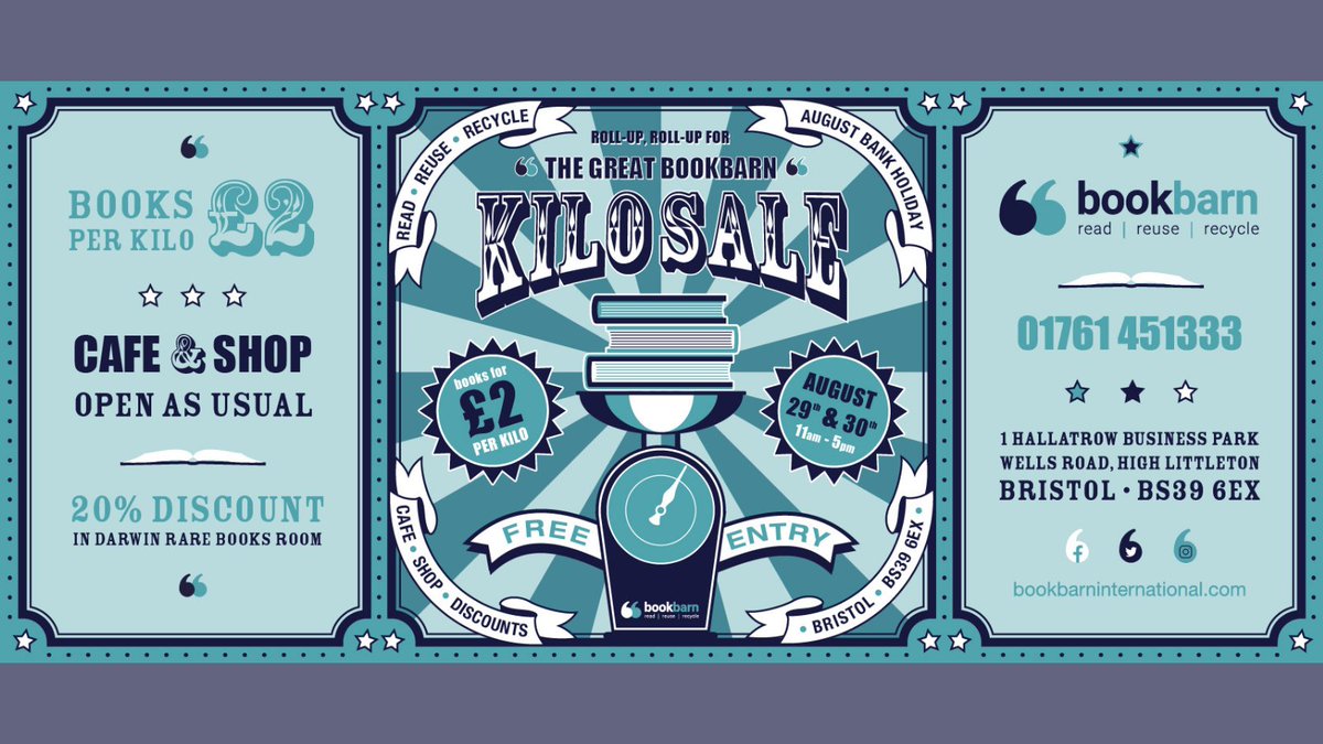 Bookbarn_BBI's tweet photo. Less than two weeks to our KILO SALE! 
Join us August Bank Holiday weekend for bargains galore! ALL books in the sale are just £2 per kilo, our shop will be open as usual PLUS a 20% discount in our Darwin room! 📚 #bookbarn #independentbookshop #bookshop #visitbristol #kilosale https://t.co/iW9O4vowt6