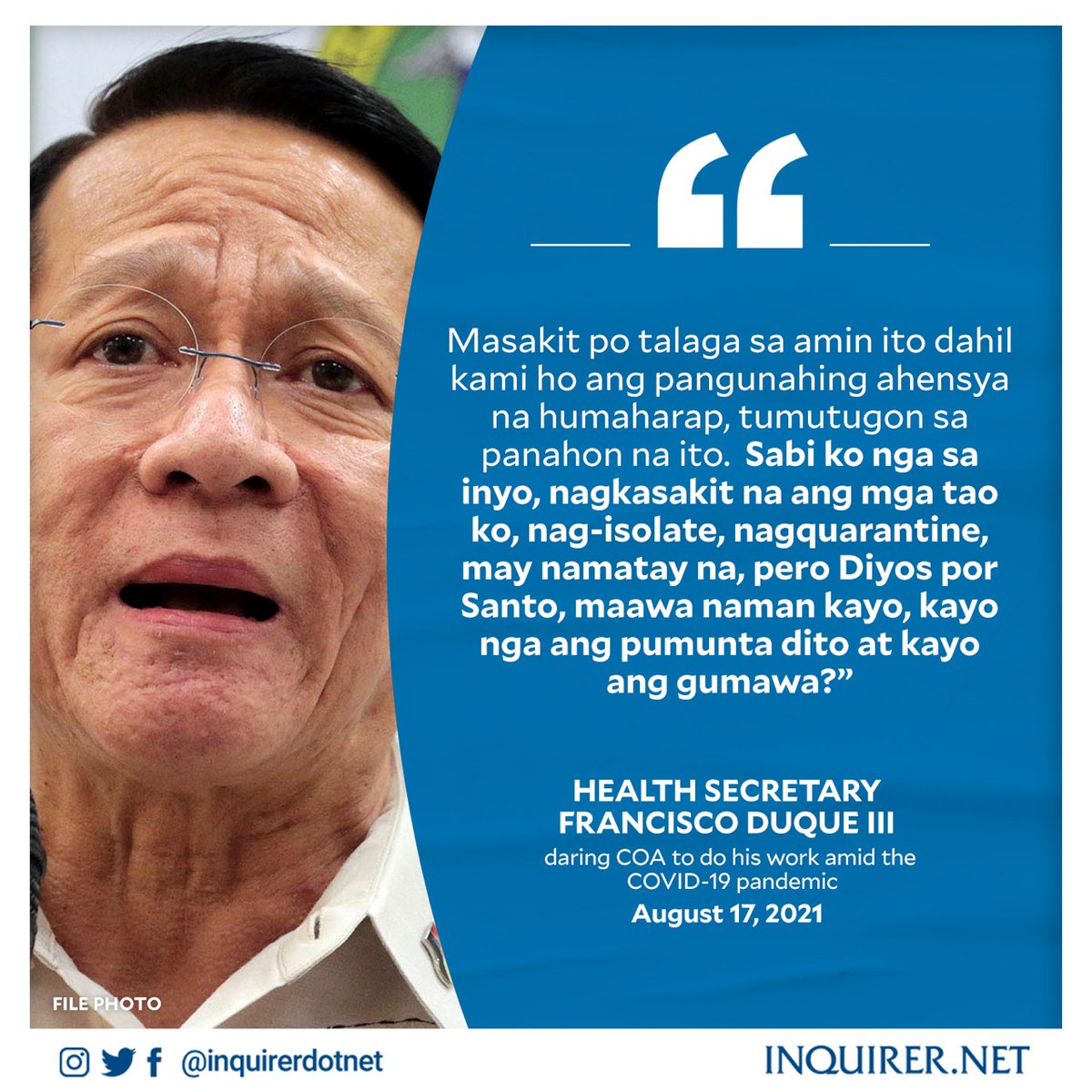 inquirerdotnet's tweet photo. 'KAYO NGA ANG PUMUNTA DITO AT KAYO ANG GUMAWA'

Duque dared COA to instead do his agency’s work during the pandemic, following its report which found “deficiencies” amounting to P67.32 billion in the DOH's COVID-19 response fund in 2020. https://t.co/EBlIWR7IoY https://t.co/E3seiqjTxv