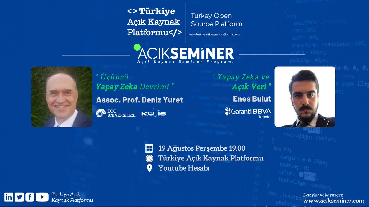tracikkaynak's tweet photo. Kullandığımız dili konuşan bir bilgisayarla sohbet edeceğimiz günler ne kadar yakın? Açık Seminer'de değerli konuklarımızla Yapay Zeka konuşacağız🤖🦾 #ai
🗓️19 Ağustos
⏰19.00
🗣️@kocuniversity @KuisAICenter @denizyuret, @GarantiBBVA Teknoloji Enes Bulut

👉https://t.co/PSUCcC7AWb https://t.co/izejLa5wJn
