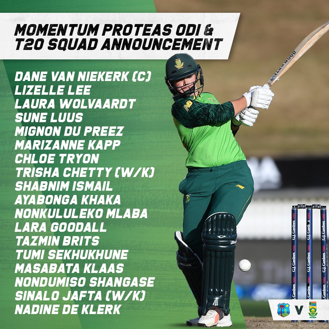 🇿🇦 #MOMENTUMPROTEAS SQUAD ANNOUNCED 🔙 Team captain Dane van Niekerk returns 🔙 All-rounder Chloe Tryon is back 🌴 Tour to the Caribbean 📅 31 August - 19 September #WIWvSAW #AlwaysRising #ThatsOurGame