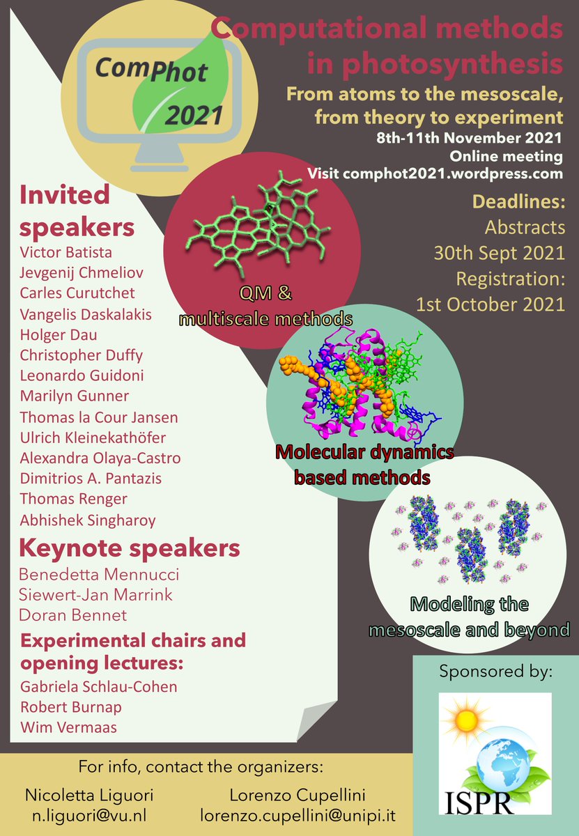 Dear 🌿ppl,
what an exciting line-up of speakers is ready 2 show u @ ComPhot2021: 
-the wonders of their computational tools
-how experiments and theory r the perfect 🍸 of methods to tackle photosynth hottest questions
comphot2021.wordpress.com/program/
and 🙏 spread the flyer!
<a href="/lcupellini/">Lorenzo Cupellini</a>