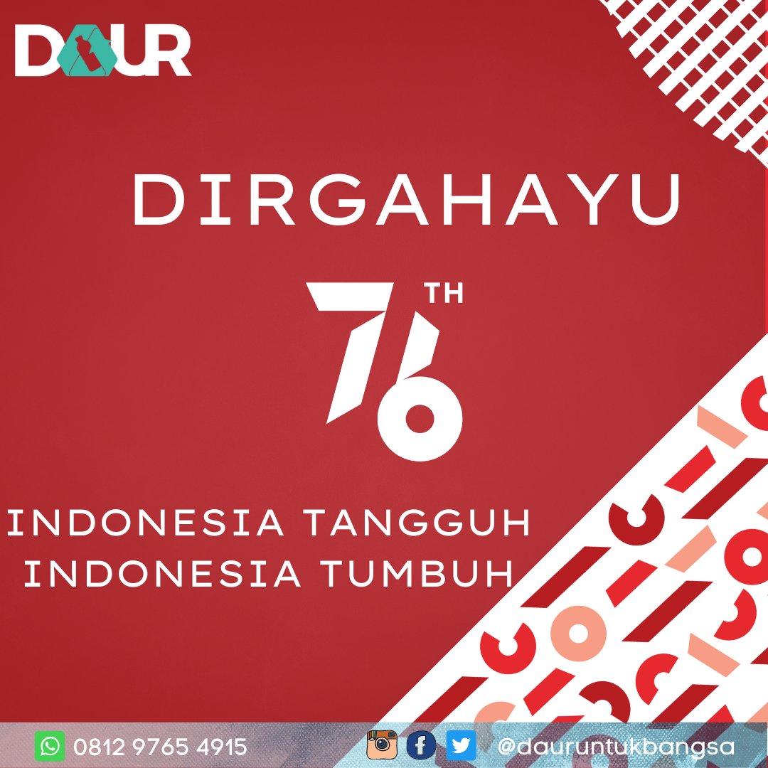 DaurUntukBangsa's tweet photo. Dirgahayu 76 Tahun Indonesia!
Bangkitkan semangat kemerdekaan, dengan meningkatkan kepedulian terhadap lingkungan.
Sobat Daur, mari kita pertahankan kemerdekaan Tanah Air Indonesia dengan mempertahankan hasrat merdeka bersama lingkungan yang sehat dan alam yang lestari! https://t.co/Nds0aAgkvE
