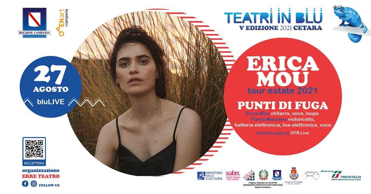 #TeatrinBlu #Cetara
#EricaMou in #concerto: 𝗩𝗲𝗻𝗲𝗿𝗱𝗶̀ 𝟮𝟳 𝗮𝗴𝗼𝘀𝘁𝗼 la #cantautrice e #scrittrice pugliese, accompagnata dalla polistrumentista #FlaviaMassimo, ci condurrà in un percorso di #musica e #racconti.
▪ Ingresso 12 euro
▪ Biglietti
➡ qrco.de/bcIXRE