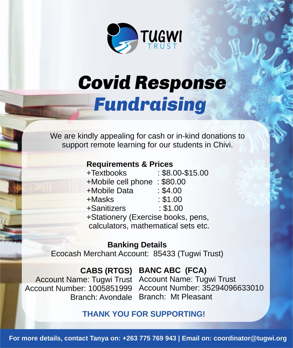 In response to the impact of Covid~19 on our students online learning is has become the norm and they still find it difficult to study at home with very limited resources. Tugwi trust seeks to appeal for effective coping strategies. 
#Covidresponse
#Supportandempower