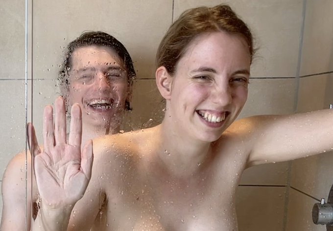 1 pic. We had a very funny 🤣 shower together with Frostberry being afraid of the "unsafe" glass. We shared