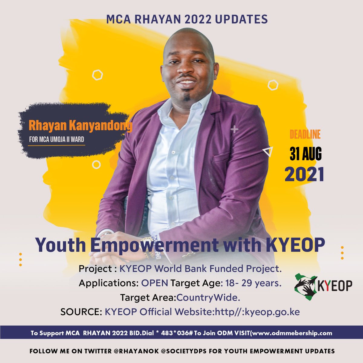 RhayanOK's tweet photo. #YesyouthcanImpact are youth empowerment updates done in partnership with @SocietyDps .
Please visit @KYEOP_Kenya website to apply for Youth Empowerment business opportunities.
For the youth between 18-29 years please click https://t.co/W4q5oC0N8u to apply. https://t.co/XtzqR9imcP