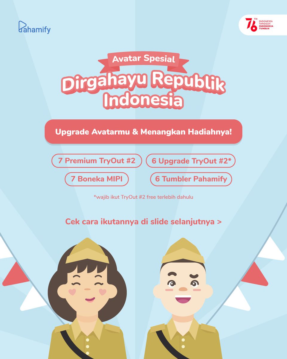 pahamify's tweet photo. ๐ฎ๐ฉAVATAR SPESIAL KEMERDEKAAN๐ฎ๐ฉ
Upgrade avatarmu di aplikasi Pahamify dg tema kemerdekaan dan menangkan hadiahnya! ๐
๐7 Premium TO#2
๐6 Upgrade TO #2
๐7 Boneka MIPI
๐6 Tumbler Pahamify
Cek cara ikutannya di sini ๐
#MerdekaPaham https://t.co/cp4DpE6hnD