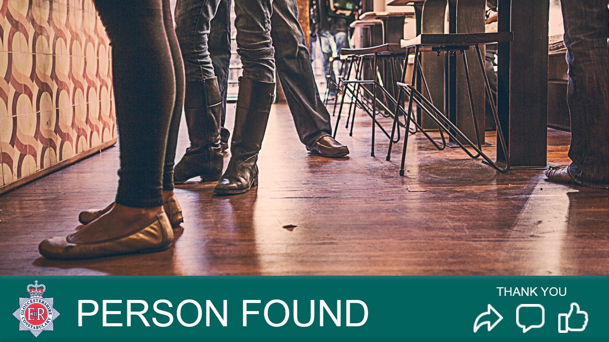Glos_Police's tweet photo. We are pleased to report that Rebecca McDonald who was reported missing yesterday has returned home. Thank you for sharing our appeal. https://t.co/jGY2pwlYBg