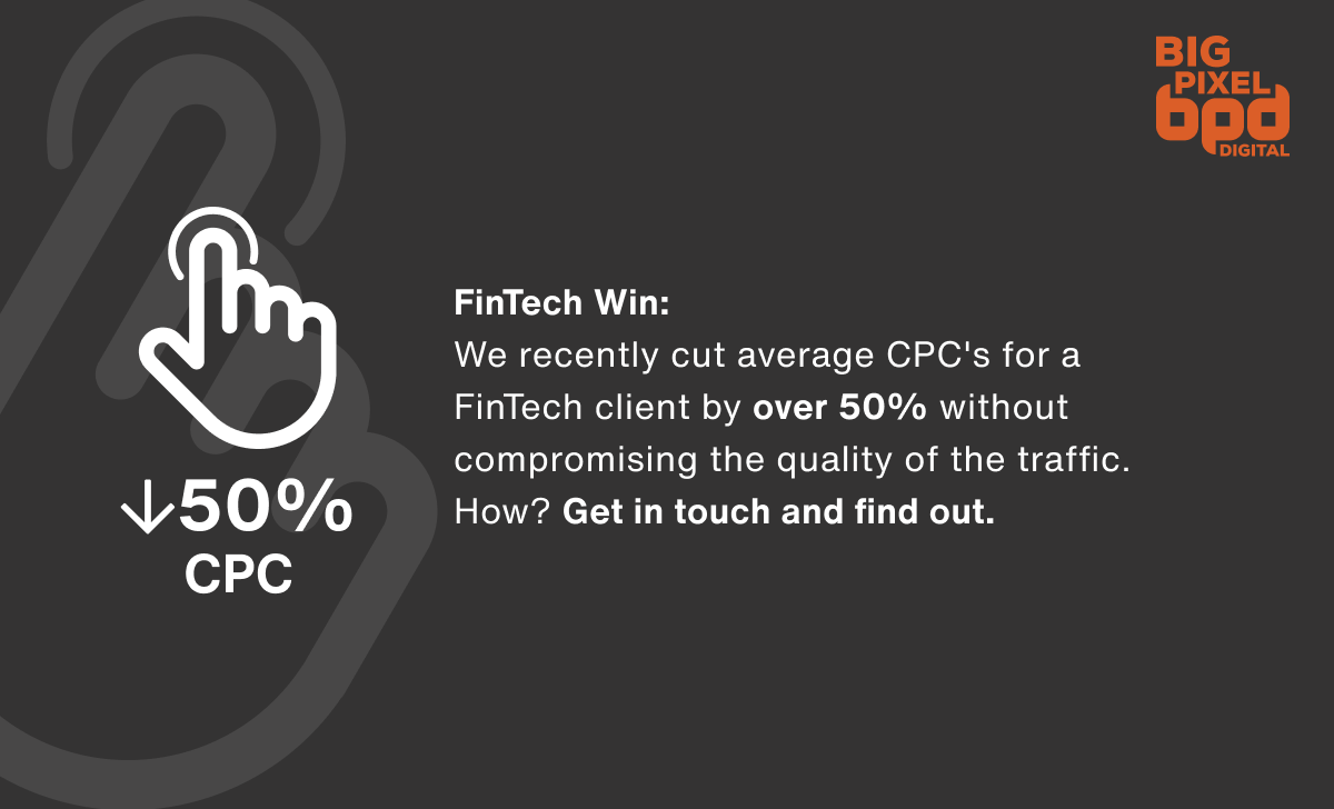 WeAreBigPixel's tweet photo. For this campaign, our client wanted to lower their CPC's while maintaining the quality of the targeting we had built. 

Optimisations from BPD cut the cost-per-clicks by over half over a three month period. Get in touch to find out how.

#fintech #startup #scaleup #adscampaign https://t.co/QEGF7oadMg