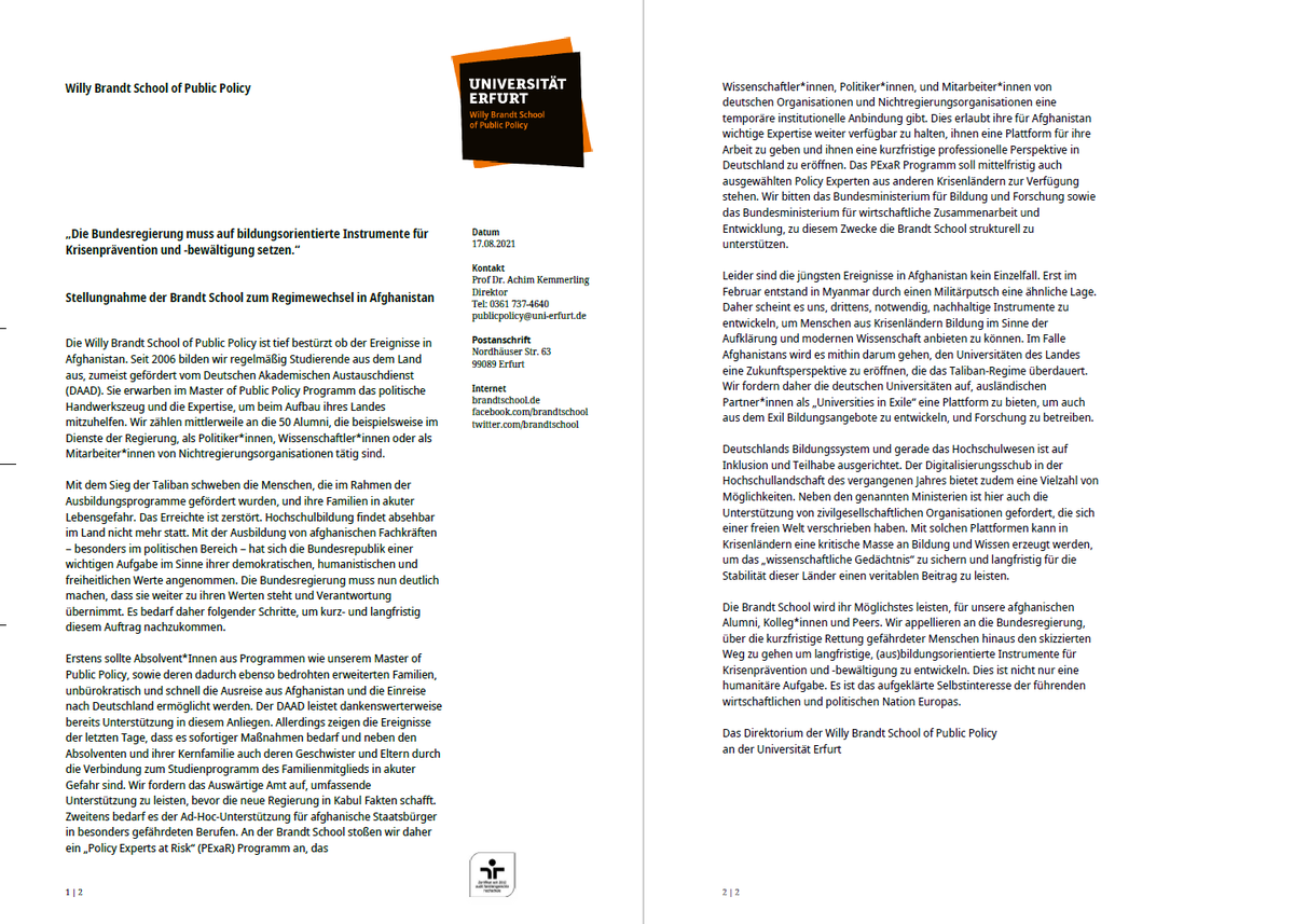 „Die #Bundesregierung muss auf bildungsorientierte Instrumente für #Krisenprävention und -bewältigung setzen.“ 
Unsere Stellungnahme zum Regimewechsel in #Afghanistan - zur Rettung von <a href="/DAAD_Germany/">DAAD News</a> Alumni, Policy Experts at Risk und der Hochschulbildung
bit.ly/3yU4oWp