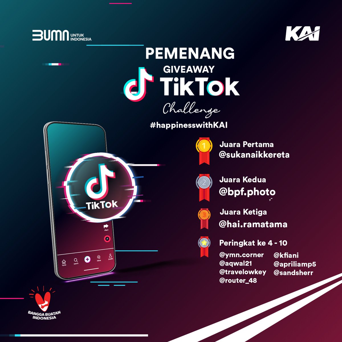 KAI121's tweet photo. Selamat kepada #SahabatKAI, pemenang giveaway TikTok Challenge #HappinesswithKAI.
Kepada para pemenang, Railmin akan hubungi via DM TikTok ya, untuk informasi data yang dibutuhkan dan proses selanjutnya.
Terima kasih buat #SahabatKAI lainnya, yang sudah ikutan berpartisipasi. https://t.co/oB8Jp9mUbP