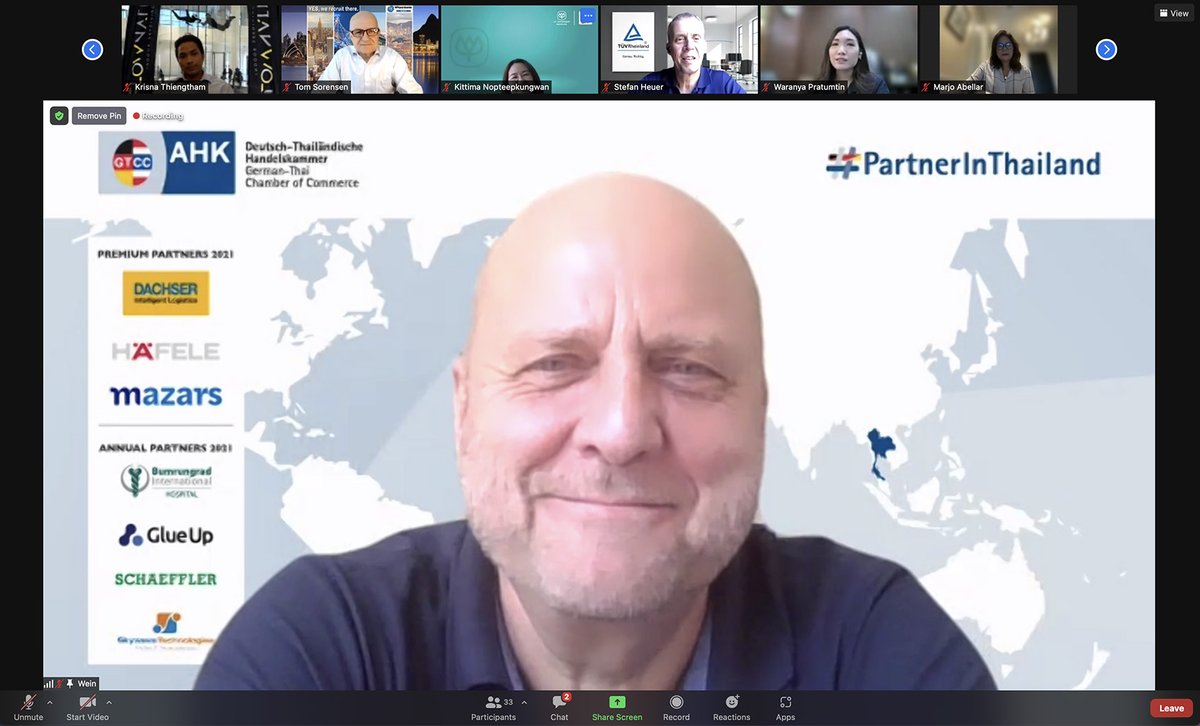 GermanThaiChamb's tweet photo. #GTCCMembers stay connected, exchange & discuss current business situations and important topics during the pandemic @ our 4th open forum today moderated by GTCC Board Member Andreas Richter. A survey on staff vaccinations is also conducted.
#GTCC #PartnerInThailand https://t.co/gKyqwOwDRE