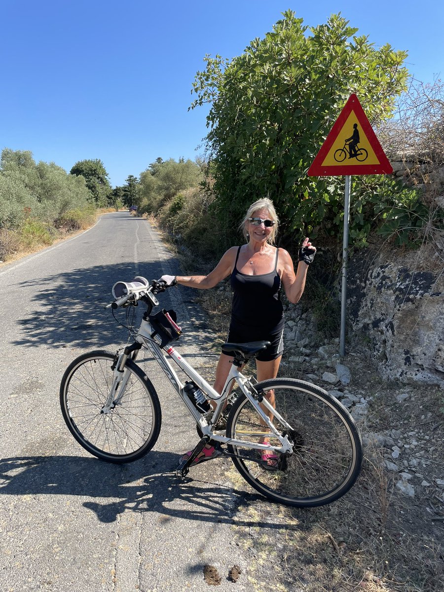 RuthMayorcas's tweet photo. Proud to have #cycled hilly miles Georgioupolis to Rethymnon today, fab lunch, rudimentary #cycle path in the town and my all time fave #cyclesign. @ShowMeASignBryn https://t.co/w0nvI7Bem2