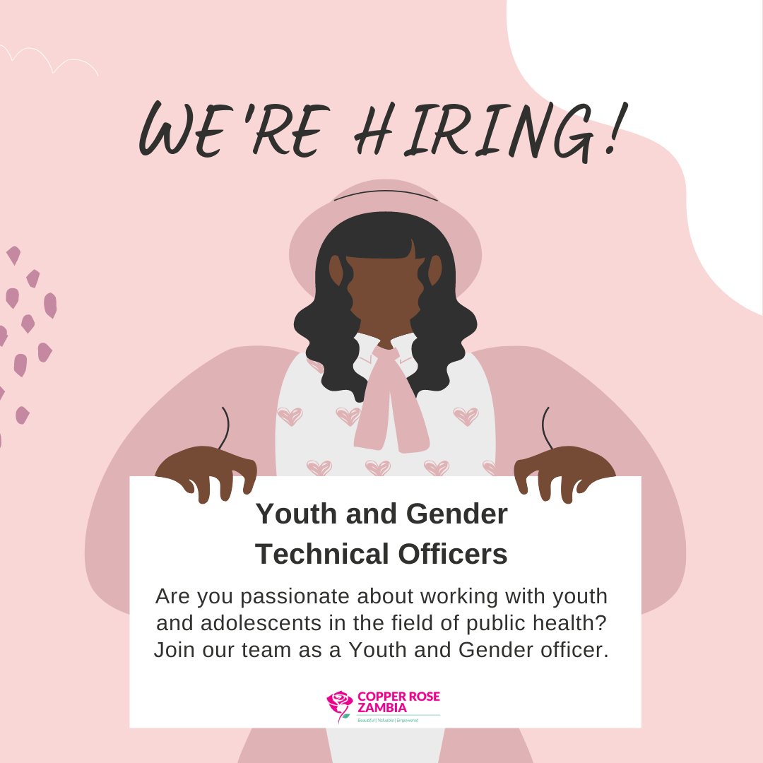 Are you passionate about working with youth and adolescents in the field of public health? CRZ seeks to hire four (4) dynamic individuals to join our team 
To apply, please click on the 'Apply For Job' button on our website using the link below:
copperrosezambia.org/job/youth-gend…