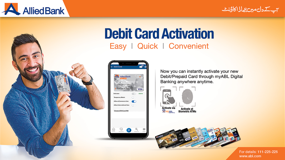ABLpk's tweet photo. You can now instantly activate your Allied Debit and Prepaid cards simply by visiting any #ABL ATM in Pakistan through biometric validation. Your Cards can also be activated on the go using #myABL Digital Banking.
For details visit https://t.co/tcAROe2h6K
#CardActivation https://t.co/OHpsGrMZVX