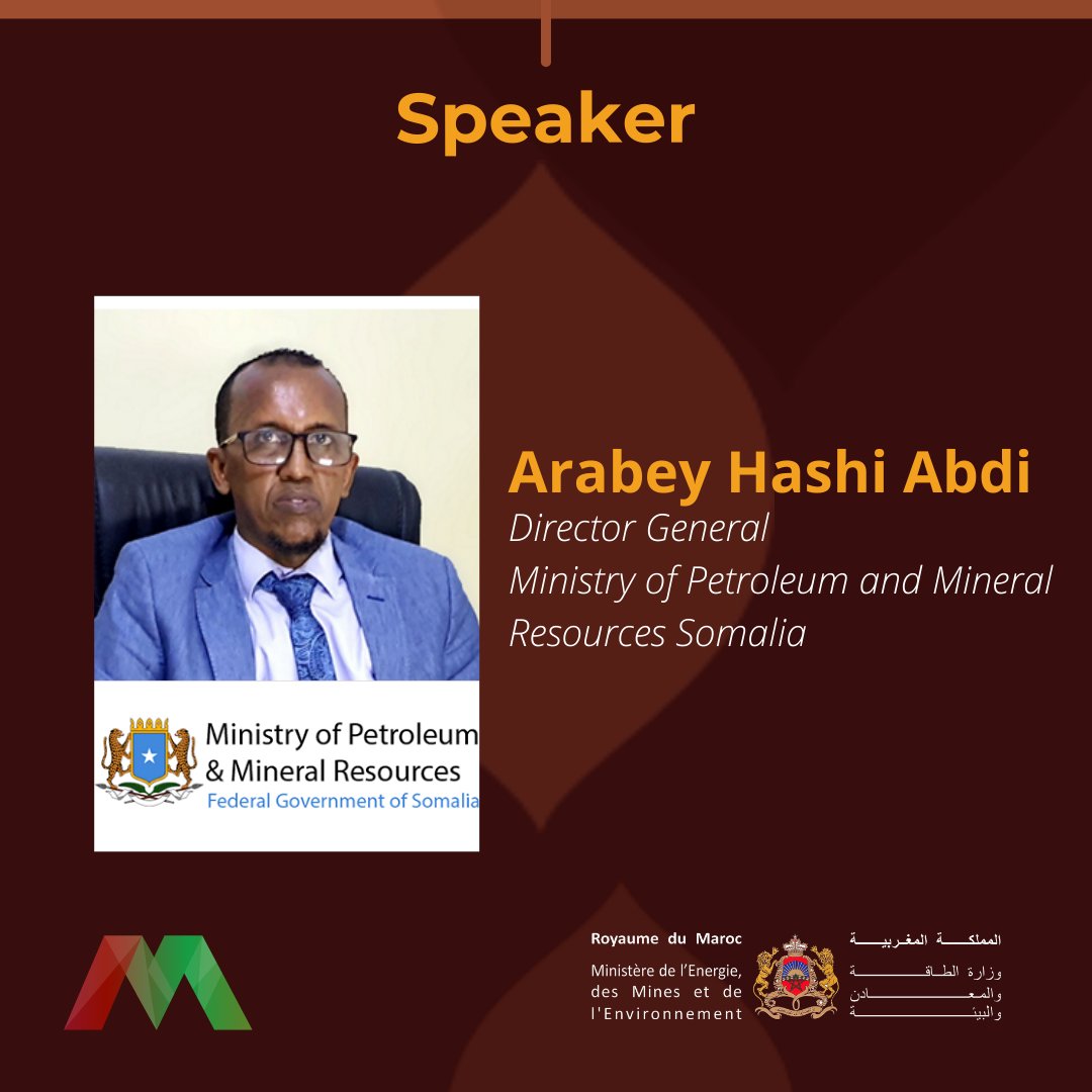 MarrakechMining's tweet image. Delighted to announce Arabey Hashi Abdi, Director General, Ministry of Petroleum and Mineral Resources Somalia as one of our esteemed speakers.

Visit bit.ly/3zFfDSP for more information.

#mining #miningexploration #moroccomining #virtualexpo #mmc2021 #mmc