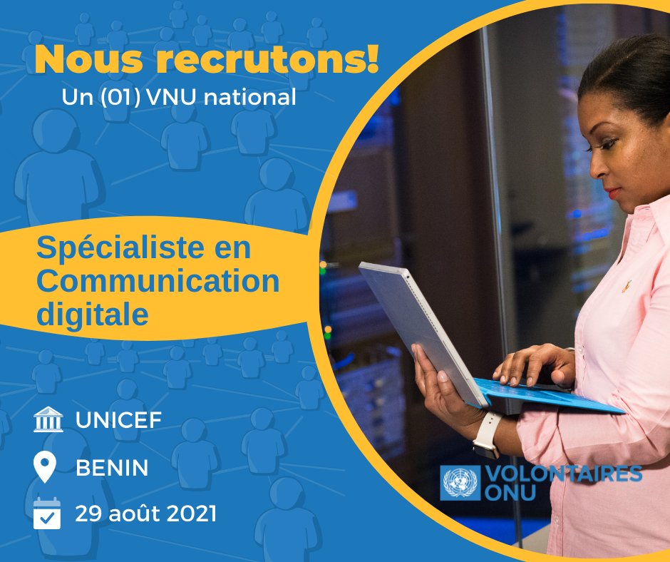 Republication 
☀ Vous êtes jeune #béninois parlant français &amp; anglais
☀Avec au moins 2 ans d'expérience en community manager, Engagement numérique ou Communication digitale ; 
☀ Postulez pour devenir <a href="/UNVolunteers/">UN Volunteers</a> et servir <a href="/UNICEF_Benin/">UNICEF Benin</a>. Apply here unv.org/vo/BENR000522-…