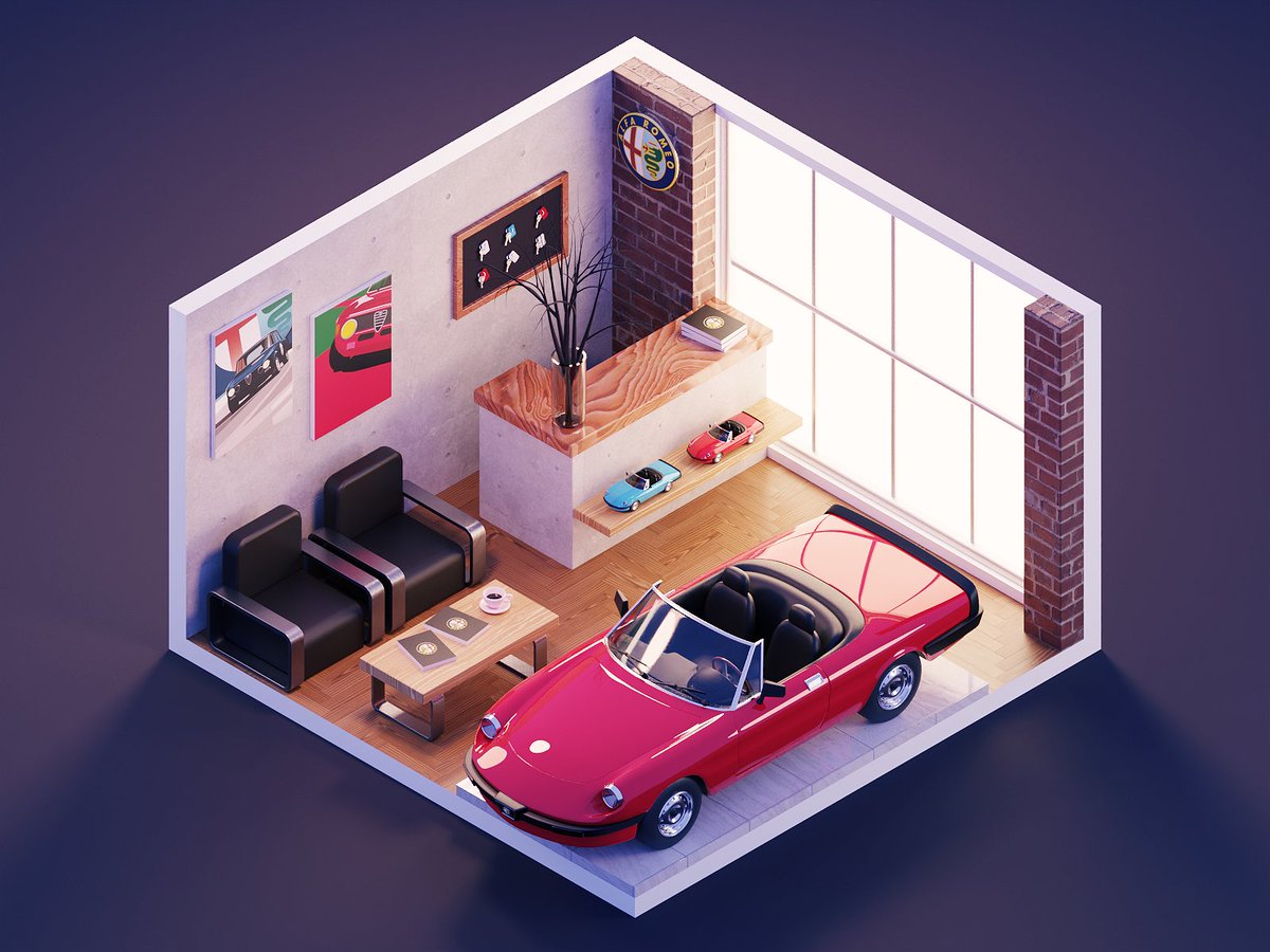 I've set out to create a cozy semi-realistic retro car dealership and there is one brand I have a soft spot for. Yes, it's a turbulent relationship, but everything good is worth fighting for. Cuore Sportivo. What's your favorite car?

#AlfaRomeo #b3d #3dillustration