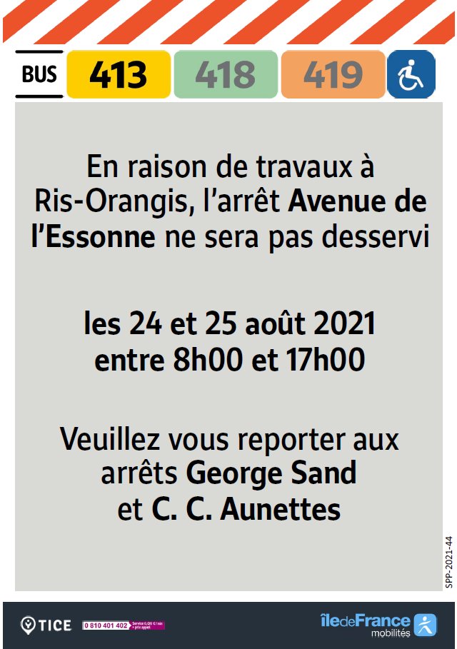 EvryEss_IDFM's tweet image. #bus413 #bus418 #bus419 En raison de #travaux, l'arrêt Avenue de l'Essonne ne sera pas desservi les 24 et 25 août entre 8h et 17h. Merci de vous reporter à C.C. Aunettes et George Sand