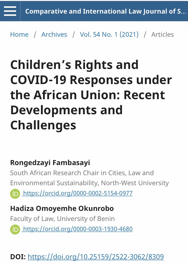 In this recently published article, <a href="/HadizaOkunrobo/">Hadiza Okunrobo</a> &amp; I analysed the African Union’s response to COVID-19 from a child rights lens… the findings are less encouraging.

upjournals.co.za/index.php/CILS…

<a href="/PlessisAnel/">Prof Anél du Plessis</a> <a href="/KotzeProfessor/">Professor Louis Kotzé</a> <a href="/dr_felixdube/">fd</a> <a href="/elvisfokala/">Elvis Fokala</a> <a href="/MusaChibwana/">Musa Chibwana, PhD</a> <a href="/RobertNanima/">Robert Nanima</a>