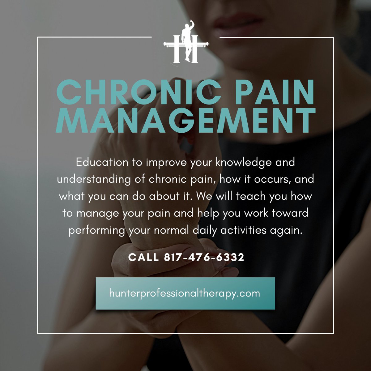 Hunter_Therapy's tweet photo. Not all chronic pain is the same. We can help you design an individualized treatment plan that fits you best.

Get back on your feet. Visit https://t.co/i55Q3uZSzg or call us at 817-476-6332 to schedule an appointment.

#physicaltheraphy #physicaltherapist #arlington #texas https://t.co/sirYZOiIgV