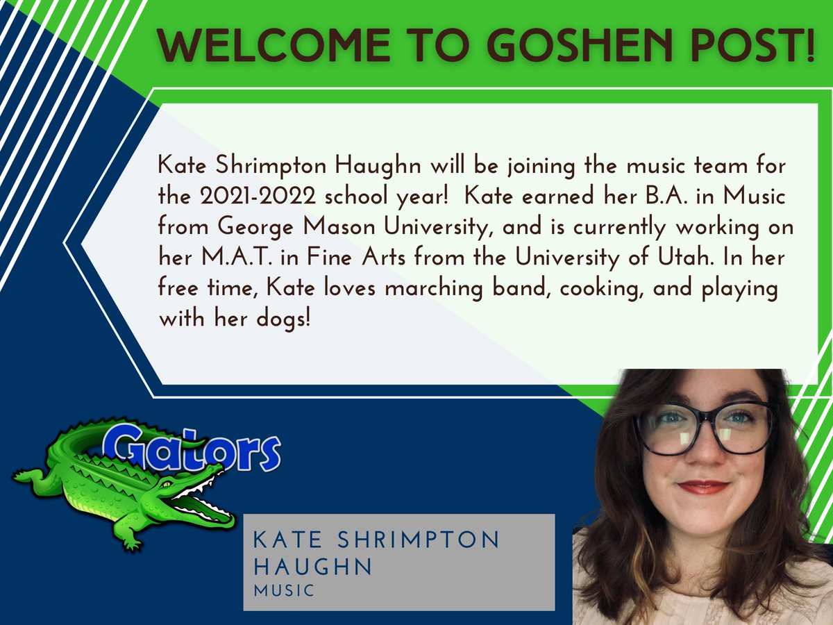 We are excited for our newest music teacher to make an impact on our students this year! <a href="/haughn_kate/">Ms. Shrimpton</a> #GoGPGators
