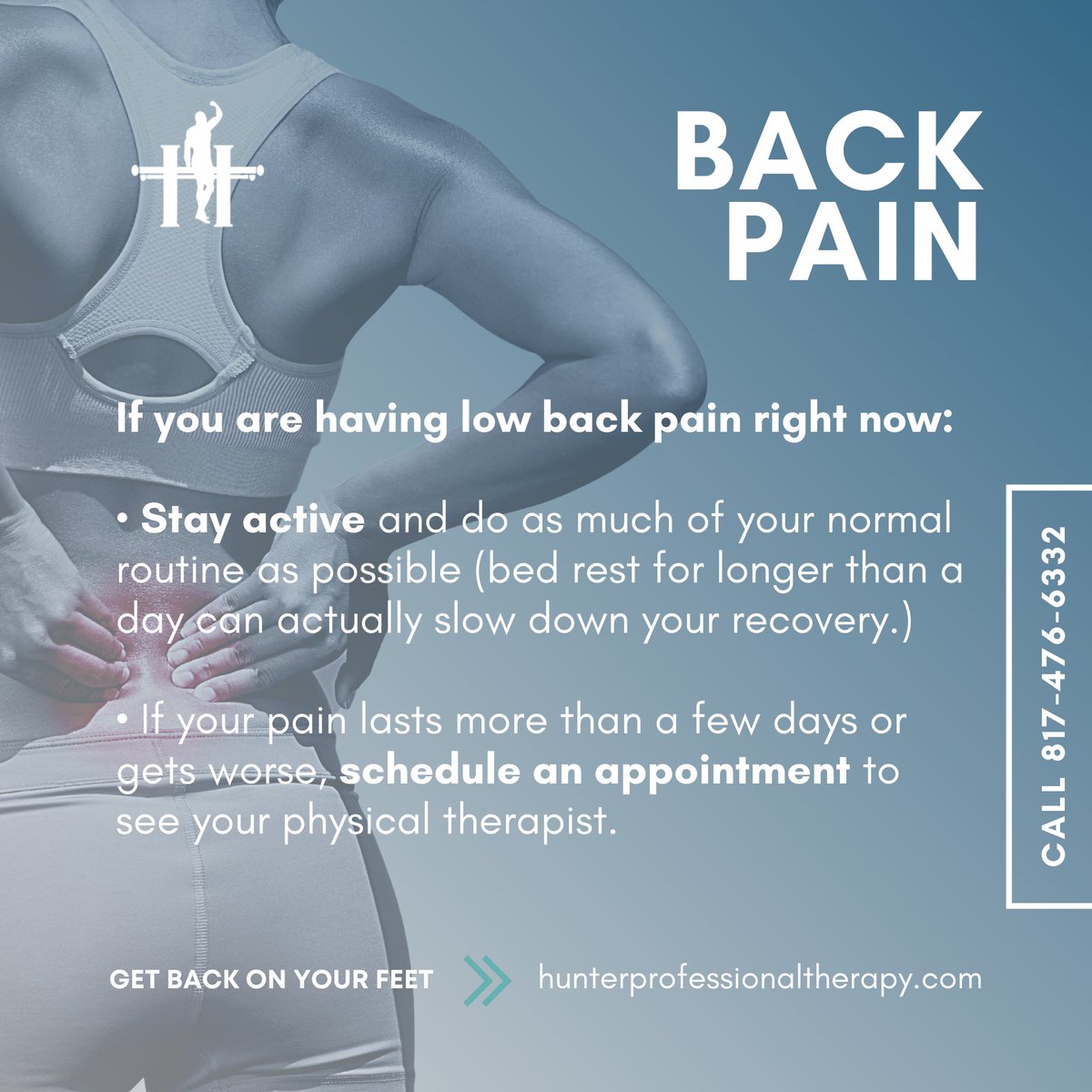 Hunter_Therapy's tweet photo. Not all low back pain is the same. Contact us today and let us help you identify the specific back problem.

Visit https://t.co/i55Q3uZSzg or call us at 817-476-6332 to schedule an appointment.

#physicaltheraphy #physicaltherapist #arlington #texas https://t.co/vVjUcc1vA5