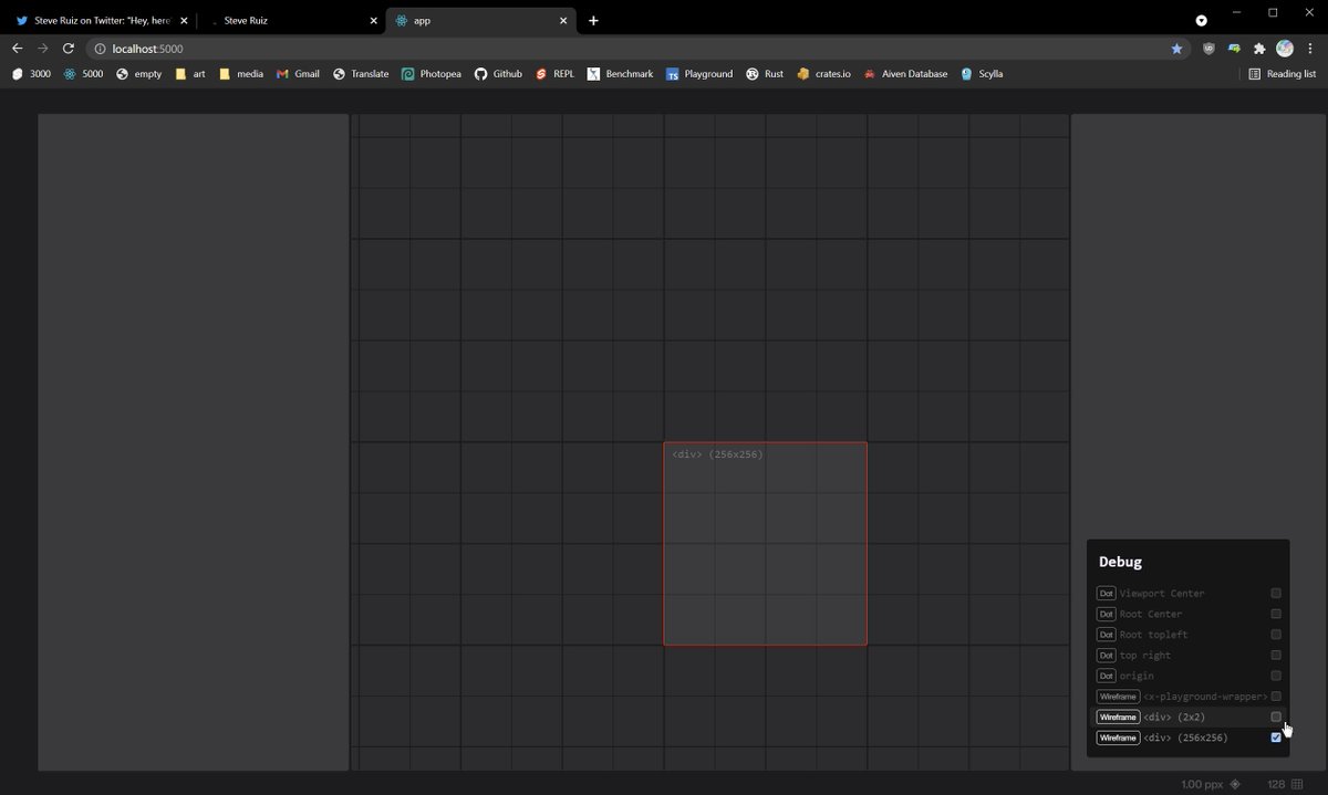 pushkine_'s tweet photo. @steveruizok That's a really cool problem to solve! I built a canvas UI that allows zooming down to individual pixels for my forever WIP UI Editor last year, the hard part was definitely handling window.devicePixelRatio, which you have to if you want it a <canvas> to be crisp &amp; pixel perfect~ https://t.co/xpwzlrtqnp