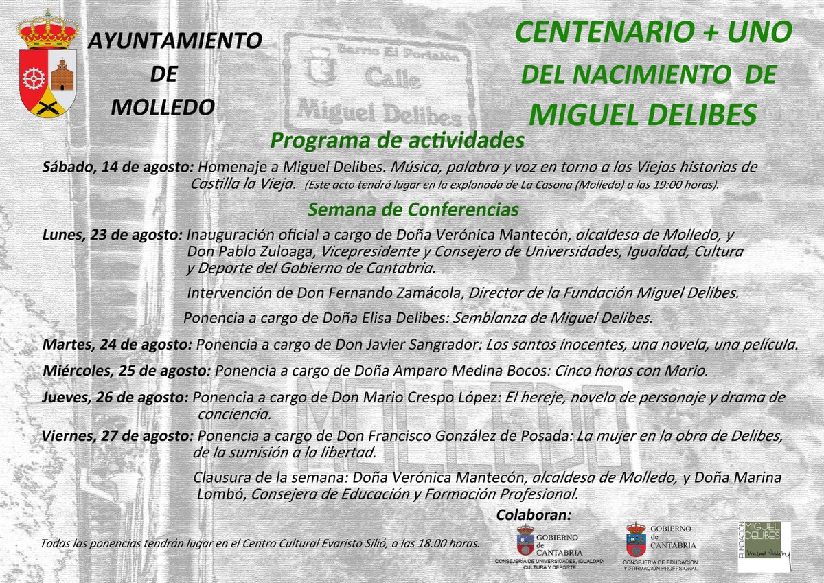 Delibes2020's tweet image. Molledo recupera los actos conmemorativos del #CentenarioDelibes que suspendieron en 2020. Así, si estáis de veraneo por Cantabria, os animamos a asistir y a conocer de primera mano el escenario sobre el que Delibes basó su tercera novela, &quot;El camino&quot;. bit.ly/3gbWqkp