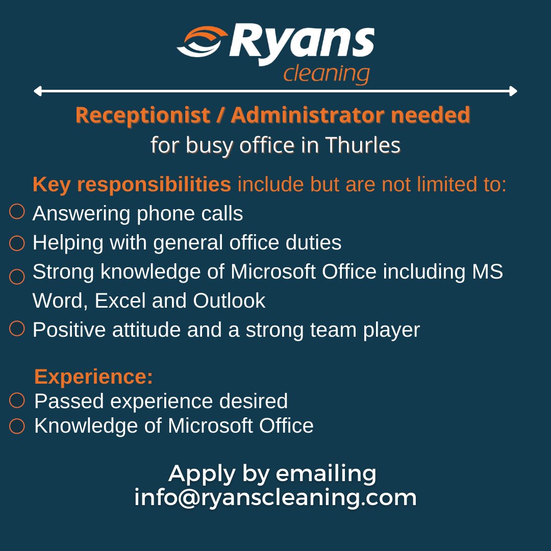 Ryans Cleaning Waste & Recycling (@ryanscleaning) on Twitter photo Do you want to join our team?
We are looking for a lorry driver & a receptionist.
For more information see the graphic attached to this post.
If you are interested please apply by emailing your CV to info@ryanscleaning.com. Do you want to join our team?
We are looking for a lorry driver & a receptionist.
For more information see the graphic attached to this post.
If you are interested please apply by emailing your CV to info@ryanscleaning.com.