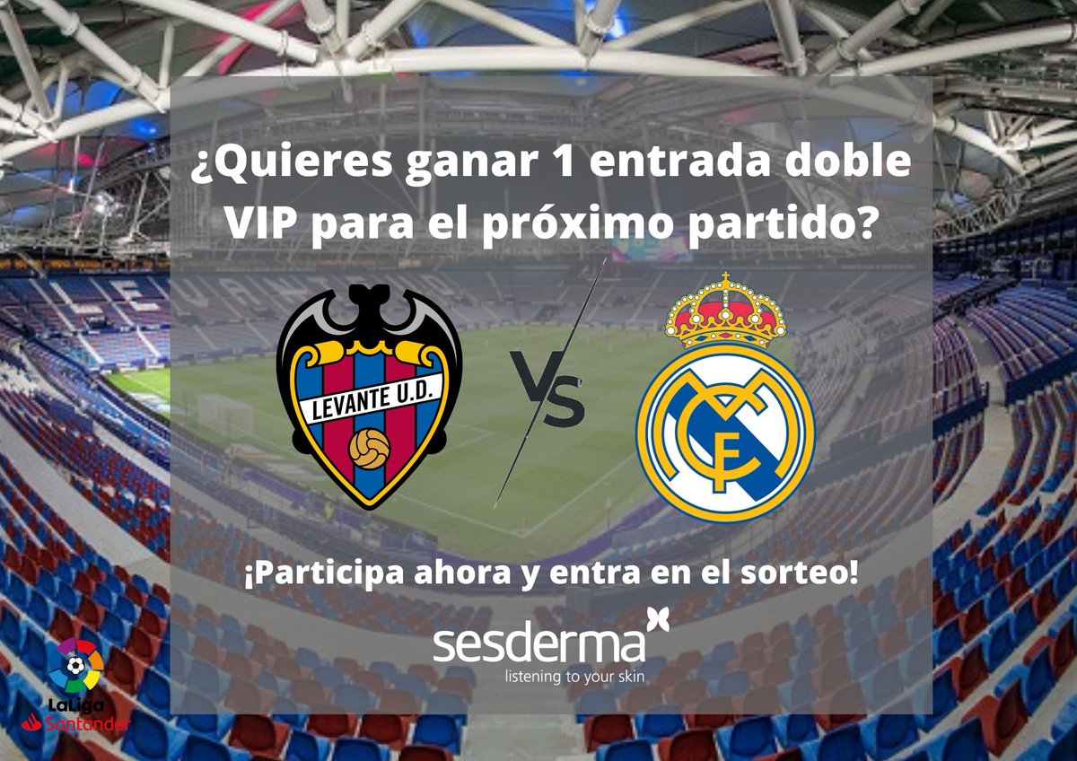 Sesderma (@sesderma) on Twitter photo 👉🏻 SORTEO EXPRESS
¿Te gustaría ganar una de las dos entradas dobles VIP que sorteamos para el próximo <a href="/LevanteUD/">Levante UD</a> VS <a href="/realmadrid/">Real Madrid C.F.</a> ?
Para participar solo tienes que:
1️⃣ Seguir a <a href="/sesderma/">Sesderma</a> y a <a href="/LevanteUD/">Levante UD</a>
2️⃣ Haz RT
¡En 24 horas desvelaremos los 2 ganadores!
Suerte ☘️ 👉🏻 SORTEO EXPRESS
¿Te gustaría ganar una de las dos entradas dobles VIP que sorteamos para el próximo <a href="/LevanteUD/">Levante UD</a> VS <a href="/realmadrid/">Real Madrid C.F.</a> ?
Para participar solo tienes que:
1️⃣ Seguir a <a href="/sesderma/">Sesderma</a> y a <a href="/LevanteUD/">Levante UD</a>
2️⃣ Haz RT
¡En 24 horas desvelaremos los 2 ganadores!
Suerte ☘️