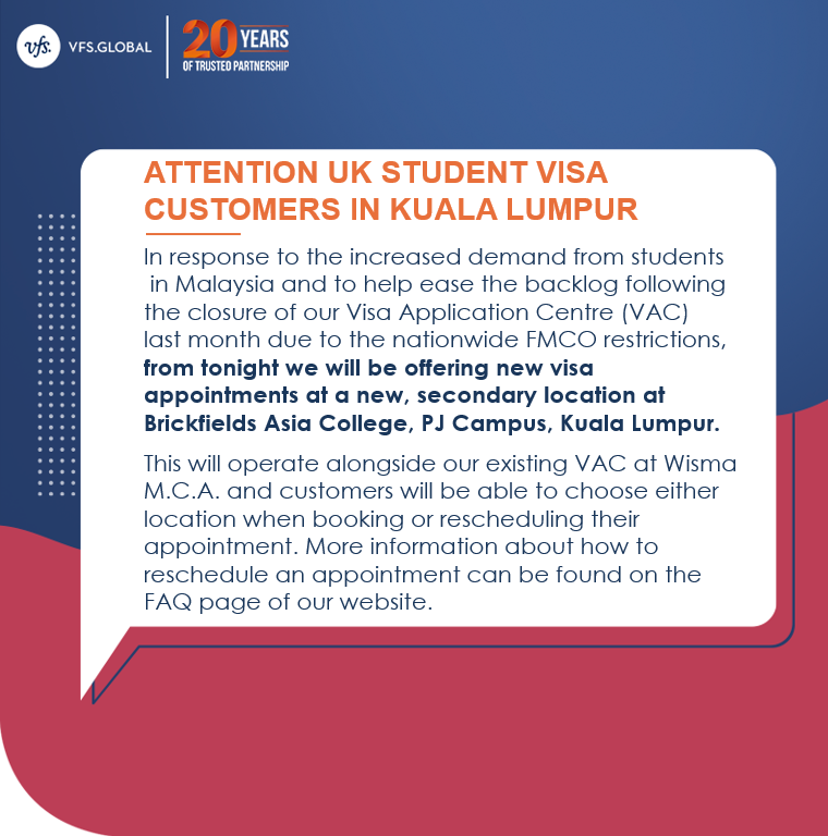 VFSGlobal's tweet photo. Important update for UK visa customers in Malaysia! 
More appointments will be going live tonight and we’re opening an additional location in Kuala Lumpur. For more info visit: https://t.co/zw5nSsyyUJ 
PLEASE NOTE: prior appointments are mandatory. https://t.co/ttvsyhFZYz