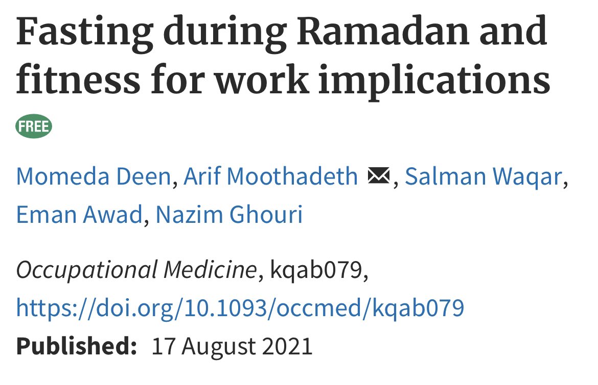 Our latest #openaccess paper in <a href="/journal_occmed/">Occupational Medicine Journal</a> explores practical workplace considerations for #Ramadan fasting <a href="/arif8677/">Arif</a> <a href="/NazimGhouri/">Nazim Ghouri</a>

With 8m to go until Ramadan 2022, plenty of time to make safer &amp; productive workplaces through inclusive practices

📝 academic.oup.com/occmed/advance…