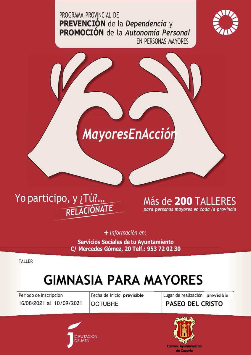 cazorlavuela's tweet photo. 👴👵MAYORES EN ACCIÓN: TALLERES DE GIMNASIA PARA MAYORES

❕Puedes inscribirte del 16 de agosto al 21 de septiembre de 2021, con inicio para el mes de octubre. ¿Te animas? Más información en la Oficina de Asuntos Sociales de Cazorla o en el teléfono 953720230. https://t.co/Dz7EXt2I4s