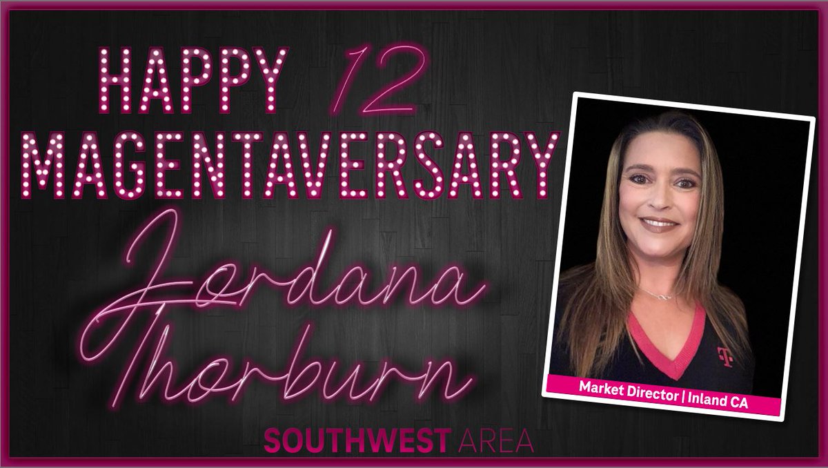 Join me in congratulating T100 Inland California's fearless leader <a href="/JordanaThorburn/">Jordana Thorburn</a> on her 12 year Magentaversary! Congrats J$ and thank you for all that you do!!🎉🥳👏